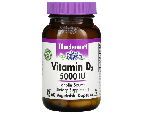 Bluebonnet Nutrition, Vitamin D3, 125 mcg (5,000 IU), 60 Vegetable Capsules Bluebonnet Nutrition, Vitamin D3, 125 mcg (5,000 IU), 60 Vegetable Capsules