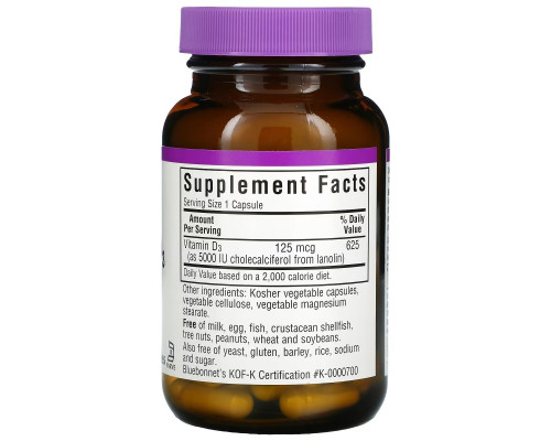 Bluebonnet Nutrition, Vitamin D3, 125 mcg (5,000 IU), 60 Vegetable Capsules Bluebonnet Nutrition, Vitamin D3, 125 mcg (5,000 IU), 60 Vegetable Capsules