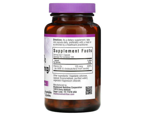 Bluebonnet Nutrition Витамин D3 5000 МЕ 120 капсул в растительной оболочке Bluebonnet Nutrition Витамин D3 5000 МЕ 120 капсул в растительной оболочке