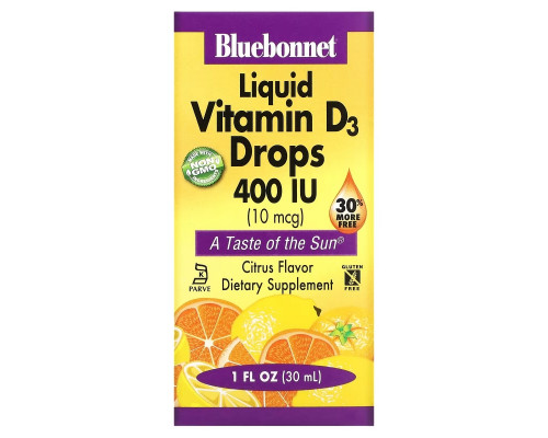 Bluebonnet Nutrition Жидкий витамин D3 в каплях Натуральный цитрусовый вкус 1 жидких унции (30 мл) Bluebonnet Nutrition Жидкий витамин D3 в каплях Натуральный цитрусовый вкус 1 жидких унции (30 мл)
