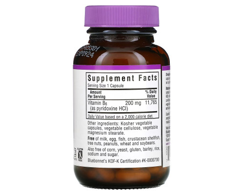 Bluebonnet Nutrition Витамин B-6 200 мг 90 растительных капсул Bluebonnet Nutrition Витамин B-6 200 мг 90 растительных капсул