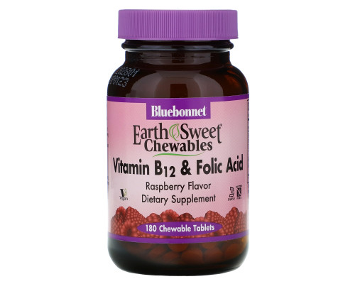 Bluebonnet Nutrition EarthSweet Vitamin B-12 & Folic Acid Natural Raspberry Flavor 180 Chewable Tablets Bluebonnet Nutrition EarthSweet Vitamin B-12 & Folic Acid Natural Raspberry Flavor 180 Chewable Tablets