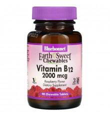 Bluebonnet Nutrition EarthSweetЖевательный витамин B-12 2000 микро грамм со вкусом малины 90 жевательных таблеток