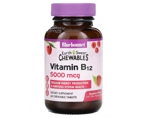 Витамины группы B Bluebonnet Nutrition, Earth Sweet Chewables, витамин B12, малина, 5000 мкг, 60 жевательных таблеток Витамины группы B Bluebonnet Nutrition, Earth Sweet Chewables, витамин B12, малина, 5000 мкг, 60 жевательных таблеток