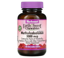 Bluebonnet Nutrition EarthSweet метилкобаламин витамин B-12 натуральный вкус малины 5000 мкг 60 жевательных таблеток