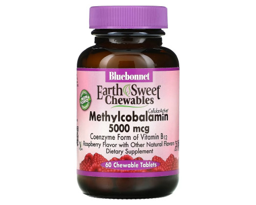 Bluebonnet Nutrition EarthSweet метилкобаламин витамин B-12 натуральный вкус малины 5000 мкг 60 жевательных таблеток Bluebonnet Nutrition EarthSweet метилкобаламин витамин B-12 натуральный вкус малины 5000 мкг 60 жевательных таблеток