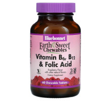 Bluebonnet Nutrition EarthSweet Витамины B-6 B-12 с фолиевой кислотой со вкусом малины 60 жевательных таблеток