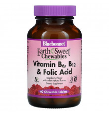 Bluebonnet Nutrition EarthSweet Витамины B-6 B-12 с фолиевой кислотой со вкусом малины 60 жевательных таблеток