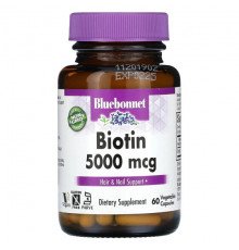 Для здоровья кожи Bluebonnet Nutrition, Биотин, 5000 мкг, 60 растительных капсул