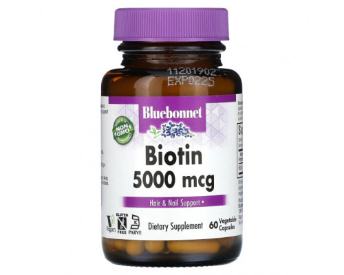 Для здоровья кожи Bluebonnet Nutrition, Биотин, 5000 мкг, 60 растительных капсул Для здоровья кожи Bluebonnet Nutrition, Биотин, 5000 мкг, 60 растительных капсул