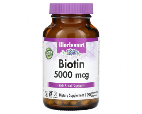 Биотин Bluebonnet Nutrition, Биотин, 5000 мкг, 120 растительных капсул Биотин Bluebonnet Nutrition, Биотин, 5000 мкг, 120 растительных капсул
