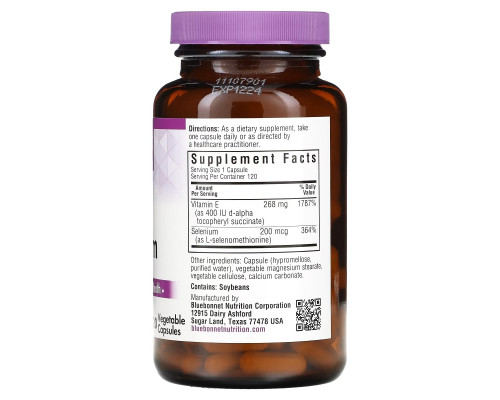 Bluebonnet Nutrition, E-400 IU, плюс селен 120 овощных капсул Bluebonnet Nutrition, E-400 IU, плюс селен 120 овощных капсул
