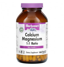 Магний Bluebonnet Nutrition, Кальций и магний в соотношении 1: 1, 180 растительных капсул
