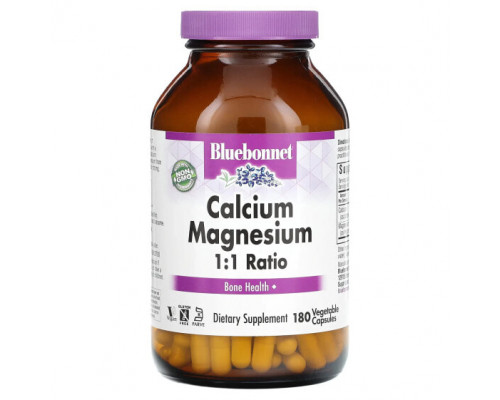 Магний Bluebonnet Nutrition, Кальций и магний в соотношении 1: 1, 180 растительных капсул Магний Bluebonnet Nutrition, Кальций и магний в соотношении 1: 1, 180 растительных капсул