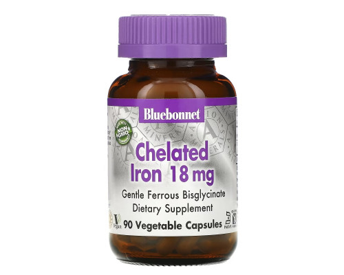 Bluebonnet Nutrition, Хелатированное железо, 18 мг, 90 капсул в растительной оболочке Bluebonnet Nutrition, Хелатированное железо, 18 мг, 90 капсул в растительной оболочке