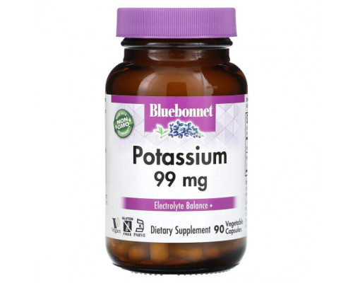 Калий Bluebonnet Nutrition, Калий, 99 мг, 90 растительных капсул Калий Bluebonnet Nutrition, Калий, 99 мг, 90 растительных капсул