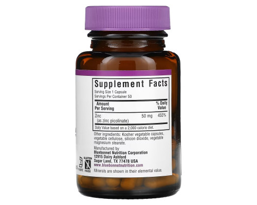 Bluebonnet Nutrition, Zinc Picolinate, 50 mg, 50 Vegetable Capsules Bluebonnet Nutrition, Zinc Picolinate, 50 mg, 50 Vegetable Capsules