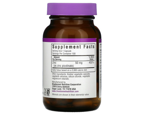 Bluebonnet Nutrition Пиколинат цинка 50 мг 100 вегетарианских капсул Bluebonnet Nutrition Пиколинат цинка 50 мг 100 вегетарианских капсул