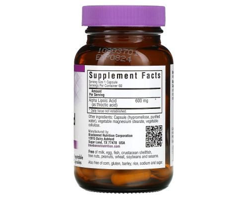 Bluebonnet Nutrition, Альфа-липоевая кислота, 600 мг, 60 капсул в растительной оболочке
