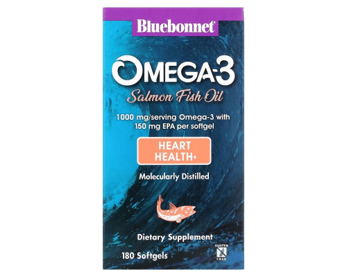 Bluebonnet Nutrition Натуральный омега-3 жир лосося 1000 мг 180 мягких капсул Bluebonnet Nutrition Натуральный омега-3 жир лосося 1000 мг 180 мягких капсул