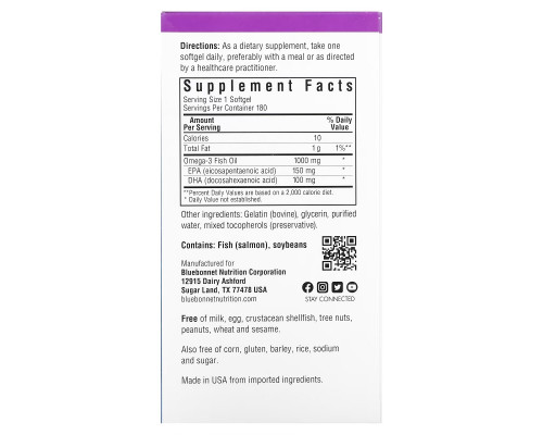 Bluebonnet Nutrition Натуральный омега-3 жир лосося 1000 мг 180 мягких капсул Bluebonnet Nutrition Натуральный омега-3 жир лосося 1000 мг 180 мягких капсул