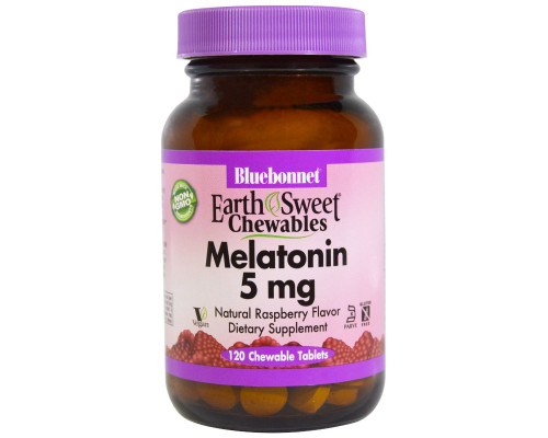 Bluebonnet Nutrition, Earth Sweet Витаминки, Мелатонин, Натуральный Малиновый Вкус, 5 мг, 120 Жевательных Таблеток Bluebonnet Nutrition, Earth Sweet Витаминки, Мелатонин, Натуральный Малиновый Вкус, 5 мг, 120 Жевательных Таблеток