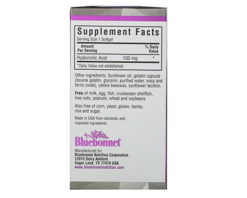 Bluebonnet Nutrition, Beautiful Ally, Hyaluronic Acid, 100 mg , 90 Softgels Bluebonnet Nutrition, Beautiful Ally, Hyaluronic Acid, 100 mg , 90 Softgels
