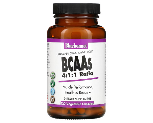 Bluebonnet Nutrition, BCAA с коэффициентом 4:1:1 (аминокислоты с разветвленной цепью), 120 вегетарианских капсул Bluebonnet Nutrition, BCAA с коэффициентом 4:1:1 (аминокислоты с разветвленной цепью), 120 вегетарианских капсул