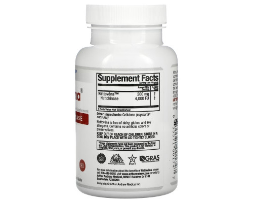 Arthur Andrew Medical, Nattovena, Pure Nattokinase, 200 mg, 90 Capsules Arthur Andrew Medical, Nattovena, Pure Nattokinase, 200 mg, 90 Capsules