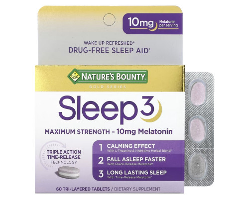 Nature's Bounty, Sleep 3, Maximum Strength, Drug-Free Sleep Aid, 60 Tri-Layered Tablets Nature's Bounty, Sleep 3, Maximum Strength, Drug-Free Sleep Aid, 60 Tri-Layered Tablets