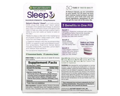 Nature's Bounty, Sleep 3, Maximum Strength, Drug-Free Sleep Aid, 60 Tri-Layered Tablets Nature's Bounty, Sleep 3, Maximum Strength, Drug-Free Sleep Aid, 60 Tri-Layered Tablets