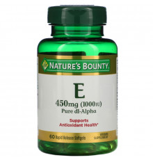 Nature's Bounty, Витамин E, Pure Dl-Alpha, 450 мг (1000 МЕ), 60 мягких таблеток ускоренного высвобождения