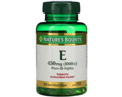 Nature's Bounty, Витамин E, Pure Dl-Alpha, 450 мг (1000 МЕ), 60 мягких таблеток ускоренного высвобождения Nature's Bounty, Витамин E, Pure Dl-Alpha, 450 мг (1000 МЕ), 60 мягких таблеток ускоренного высвобождения
