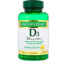 Nature's Bounty, D3, 25 мкг (1000 МЕ), 250 мягких таблеток ускоренного высвобождения