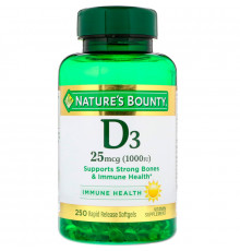 Nature's Bounty, D3, 25 мкг (1000 МЕ), 250 мягких таблеток ускоренного высвобождения