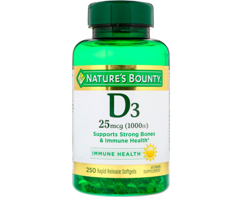 Nature's Bounty, D3, 25 мкг (1000 МЕ), 250 мягких таблеток ускоренного высвобождения Nature's Bounty, D3, 25 мкг (1000 МЕ), 250 мягких таблеток ускоренного высвобождения