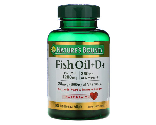 Nature's Bounty, Рыбий жир + D3, 90 быстро высвобождаемых мягких капсул Nature's Bounty, Рыбий жир + D3, 90 быстро высвобождаемых мягких капсул