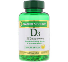Nature's Bounty, Витамин D3, 125 мкг (5000 МЕ), 240 мягких таблеток ускоренного высвобождения