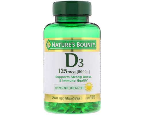 Nature's Bounty, Витамин D3, 125 мкг (5000 МЕ), 240 мягких таблеток ускоренного высвобождения Nature's Bounty, Витамин D3, 125 мкг (5000 МЕ), 240 мягких таблеток ускоренного высвобождения