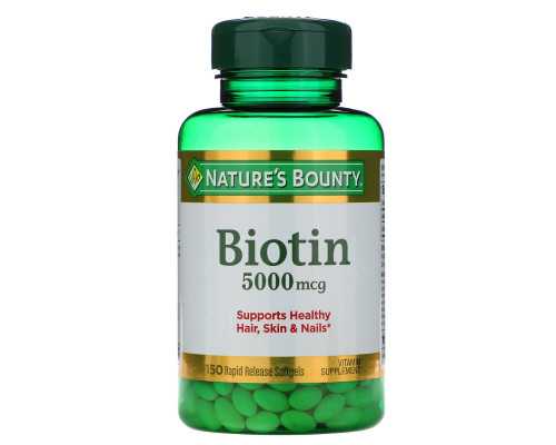 Nature's Bounty, Биотин, 5000 мкг, 150 быстрорастворимых мягких желатиновых капсул Nature's Bounty, Биотин, 5000 мкг, 150 быстрорастворимых мягких желатиновых капсул