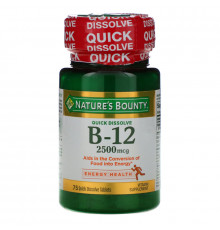 Nature's Bounty, B-12, натуральный вишневый вкус, 2500 мкг, 75 быстрорастворимых таблеток