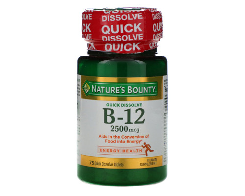 Nature's Bounty, B-12, натуральный вишневый вкус, 2500 мкг, 75 быстрорастворимых таблеток Nature's Bounty, B-12, натуральный вишневый вкус, 2500 мкг, 75 быстрорастворимых таблеток
