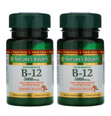 Nature's Bounty, B-12, двойная упаковка, натуральный вишневый вкус, 5000 мкг, по 40 быстрорастворимых таблеток в каждой упаковке