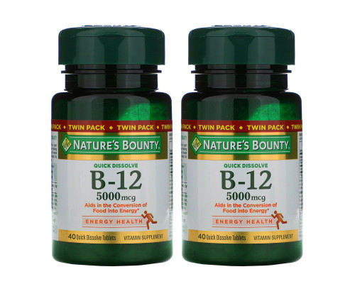 Nature's Bounty, B-12, двойная упаковка, натуральный вишневый вкус, 5000 мкг, по 40 быстрорастворимых таблеток в каждой упаковке Nature's Bounty, B-12, двойная упаковка, натуральный вишневый вкус, 5000 мкг, по 40 быстрорастворимых таблеток в каждой упаковке