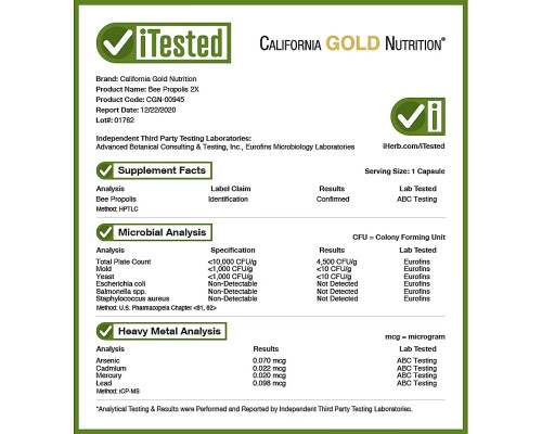 California Gold Nutrition пчелиный прополис 2X 500 мг 90 овощных капсул California Gold Nutrition пчелиный прополис 2X 500 мг 90 овощных капсул