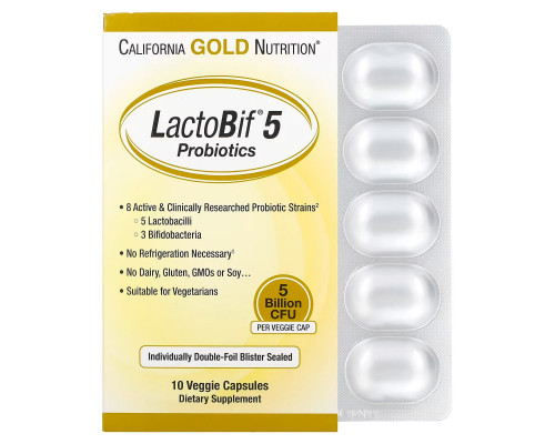 California Gold Nutrition Пробиотики LactoBif 5 млрд КОЕ 10 растительных капсул California Gold Nutrition Пробиотики LactoBif 5 млрд КОЕ 10 растительных капсул