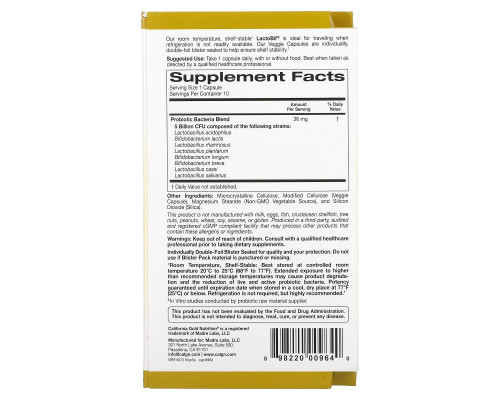 California Gold Nutrition Пробиотики LactoBif 5 млрд КОЕ 10 растительных капсул California Gold Nutrition Пробиотики LactoBif 5 млрд КОЕ 10 растительных капсул
