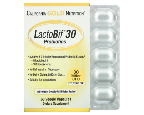 California Gold Nutrition Пробиотики LactoBif 30 млрд КОЕ 60 овощных капсул California Gold Nutrition Пробиотики LactoBif 30 млрд КОЕ 60 овощных капсул