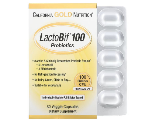 California Gold Nutrition, LactoBif 100 млрд CUF в блистере из двойной фольги, в упаковке 30 капсул California Gold Nutrition, LactoBif 100 млрд CUF в блистере из двойной фольги, в упаковке 30 капсул