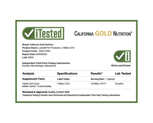 California Gold Nutrition, Пробиотики LactoBif Pet, 5 миллиардов КОЕ, 60 овощных капсул California Gold Nutrition, Пробиотики LactoBif Pet, 5 миллиардов КОЕ, 60 овощных капсул